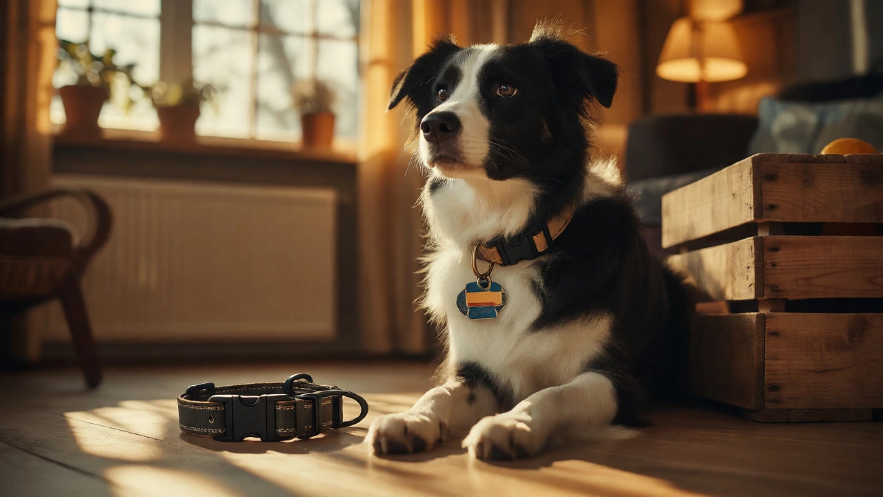 Border Collie wearing a breakaway collar indoors with a quick release collar nearby.