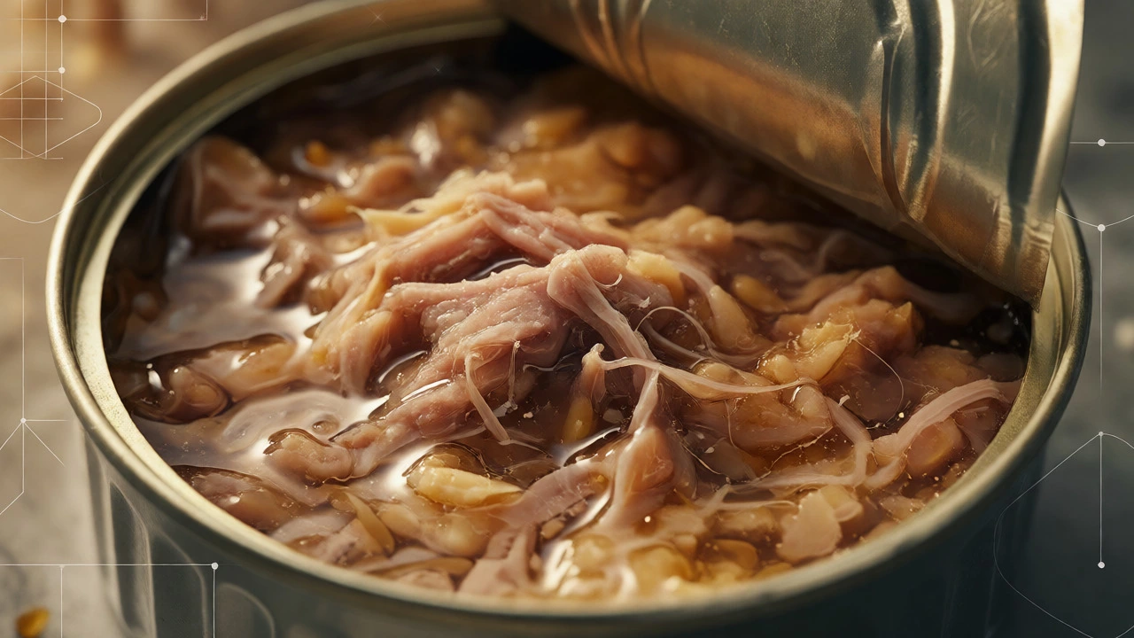 Close-up of wet cat food texture showing meat and filler ingredients in a tin.