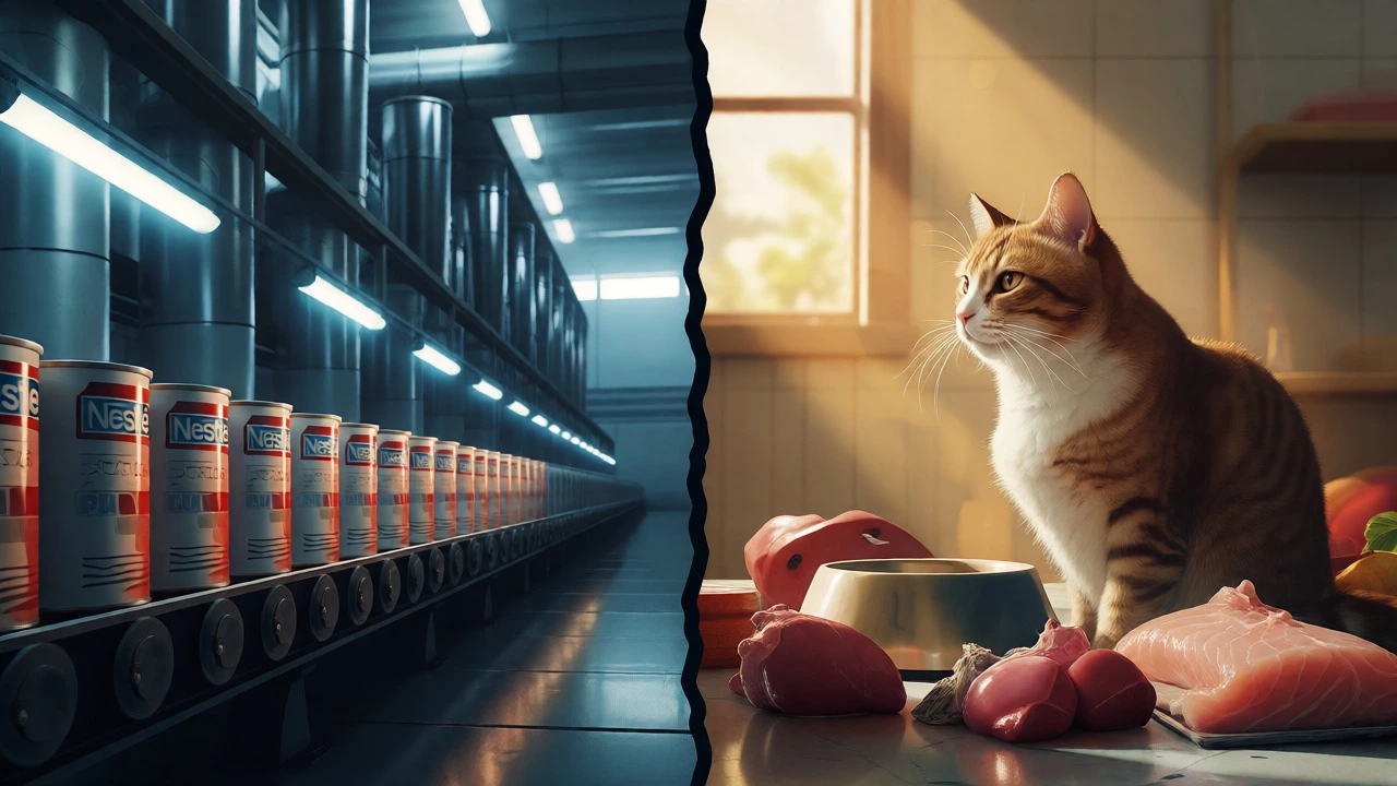 Conceptual art contrasting industrial cat food production with natural feline nutrition.