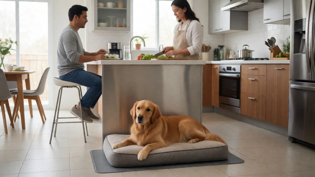 Golden retriever resting on a bed in a busy kitchen area