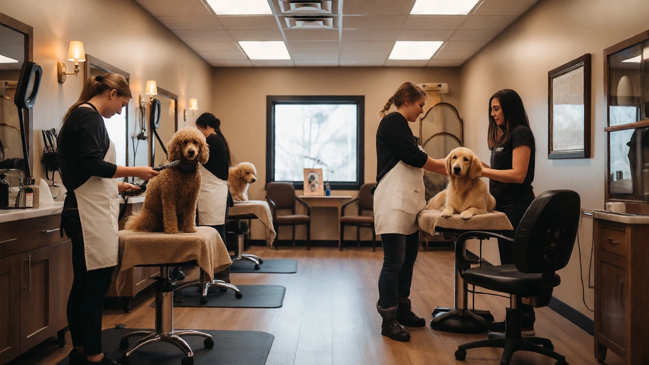 Groomers provide personalized care to dogs in a warm, boutique spa setting.