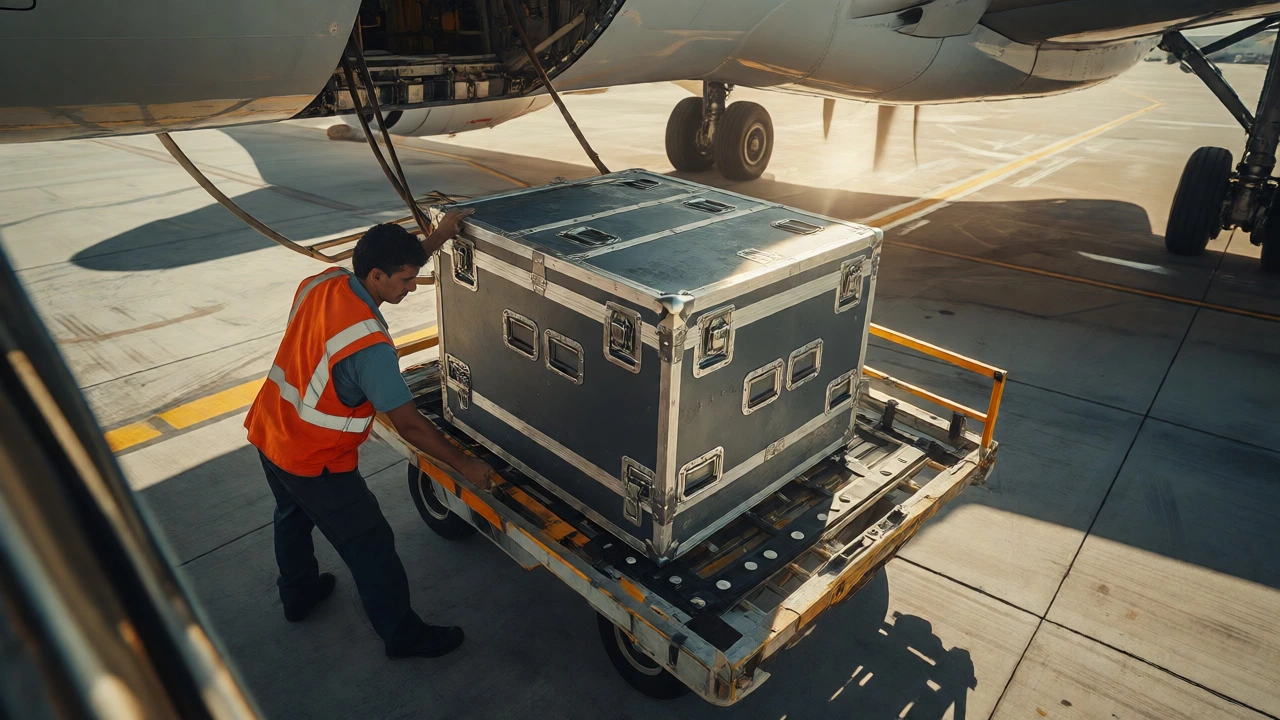 Ground handler loading a secure pet crate onto a trolley