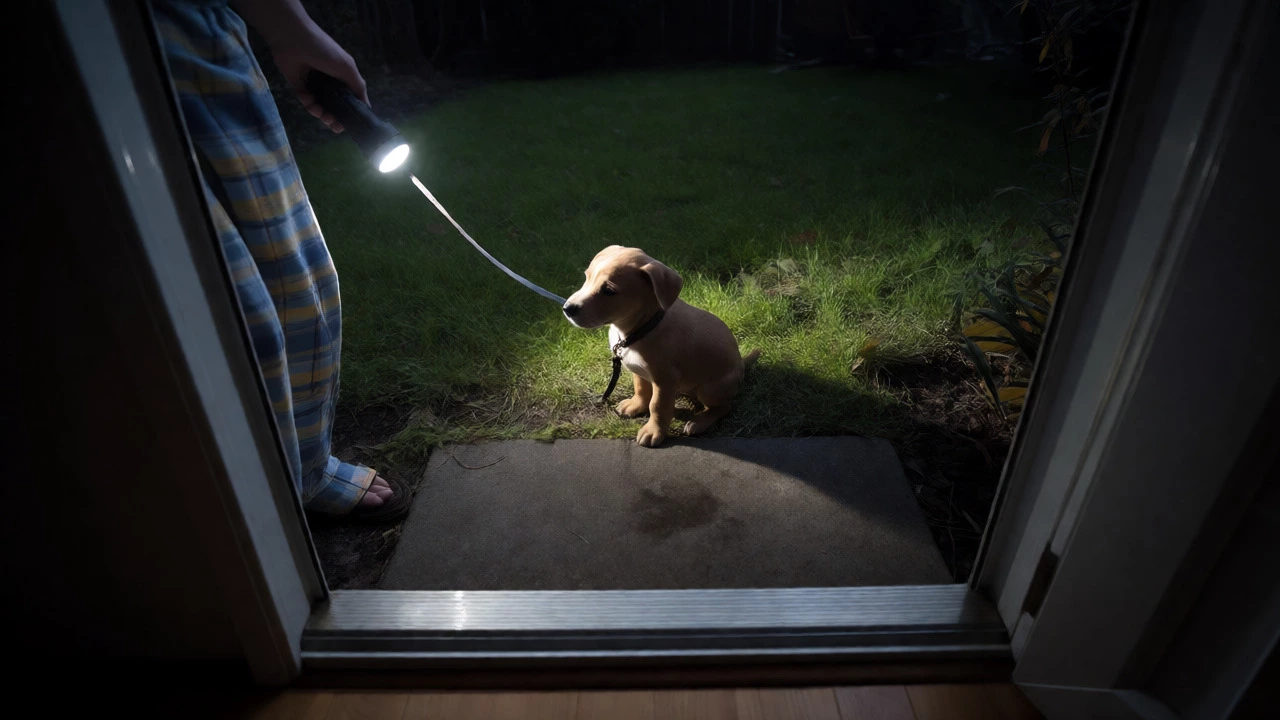 Nighttime potty break with dim flashlight
