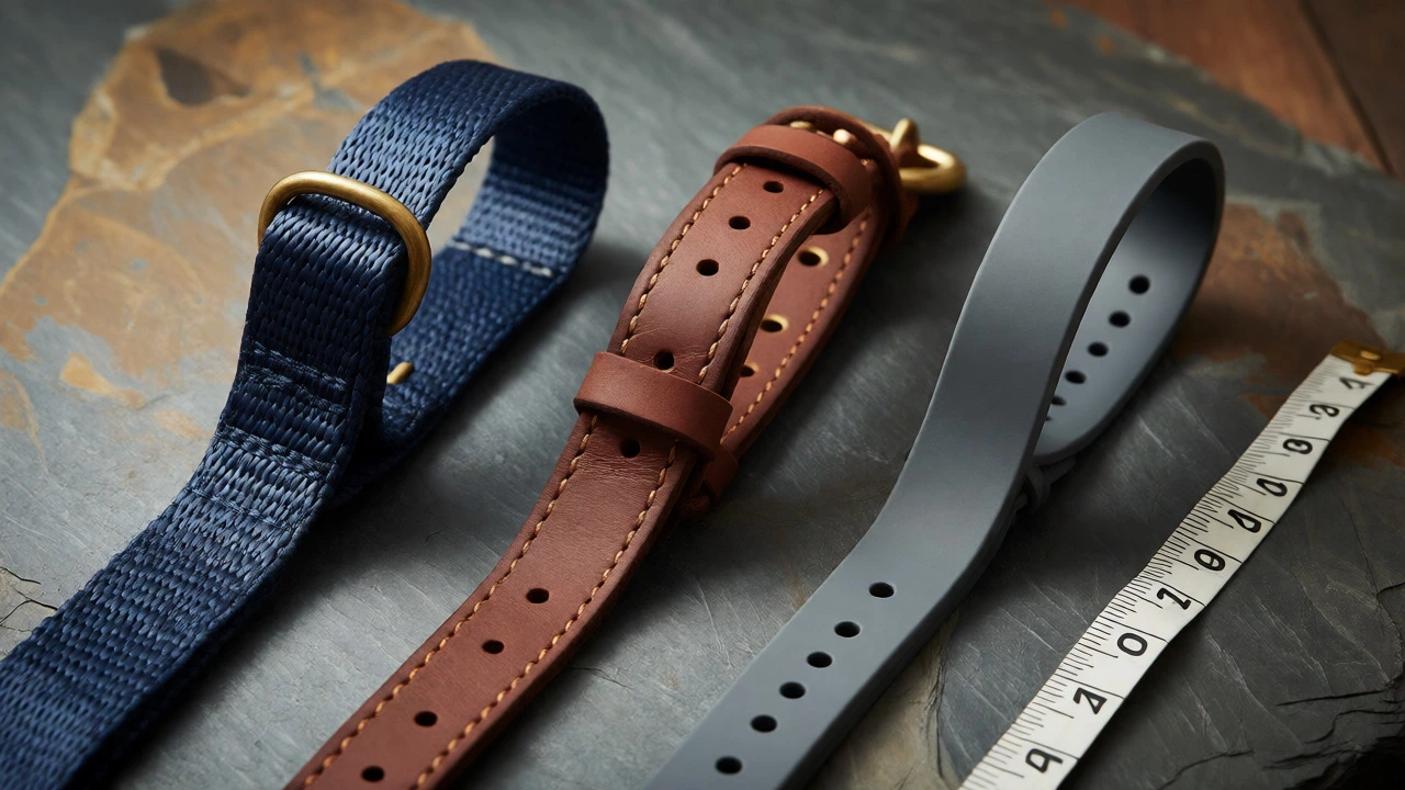 Nylon, leather, and BioThane dog collars arranged on a slate surface with a measuring tape.