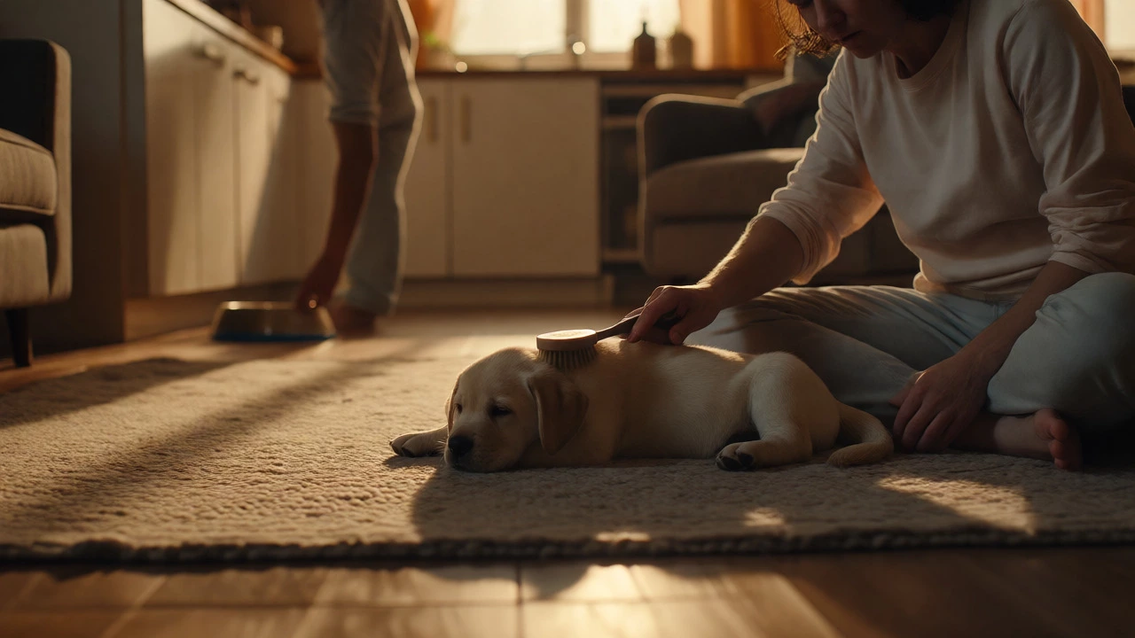 Owner brushing calm puppy before bed