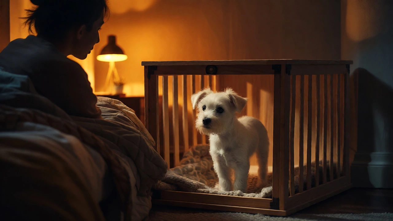 Puppy in crate near bed in dim bedroom