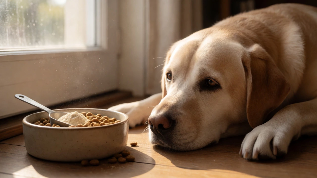 Senior Labrador resting next to food bowl with added supplements