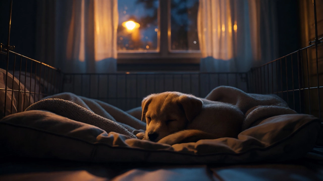 Sleeping puppy in den-like crate at night