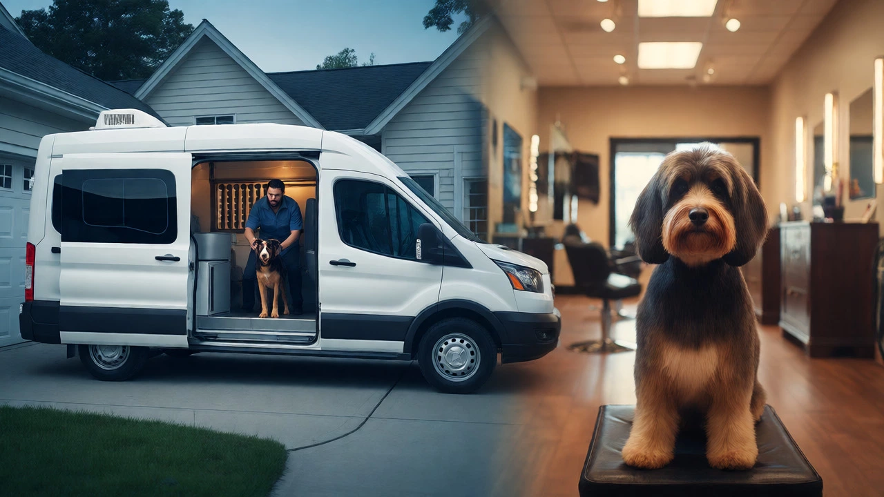 Split view comparing a mobile grooming van to a relaxing salon interior.