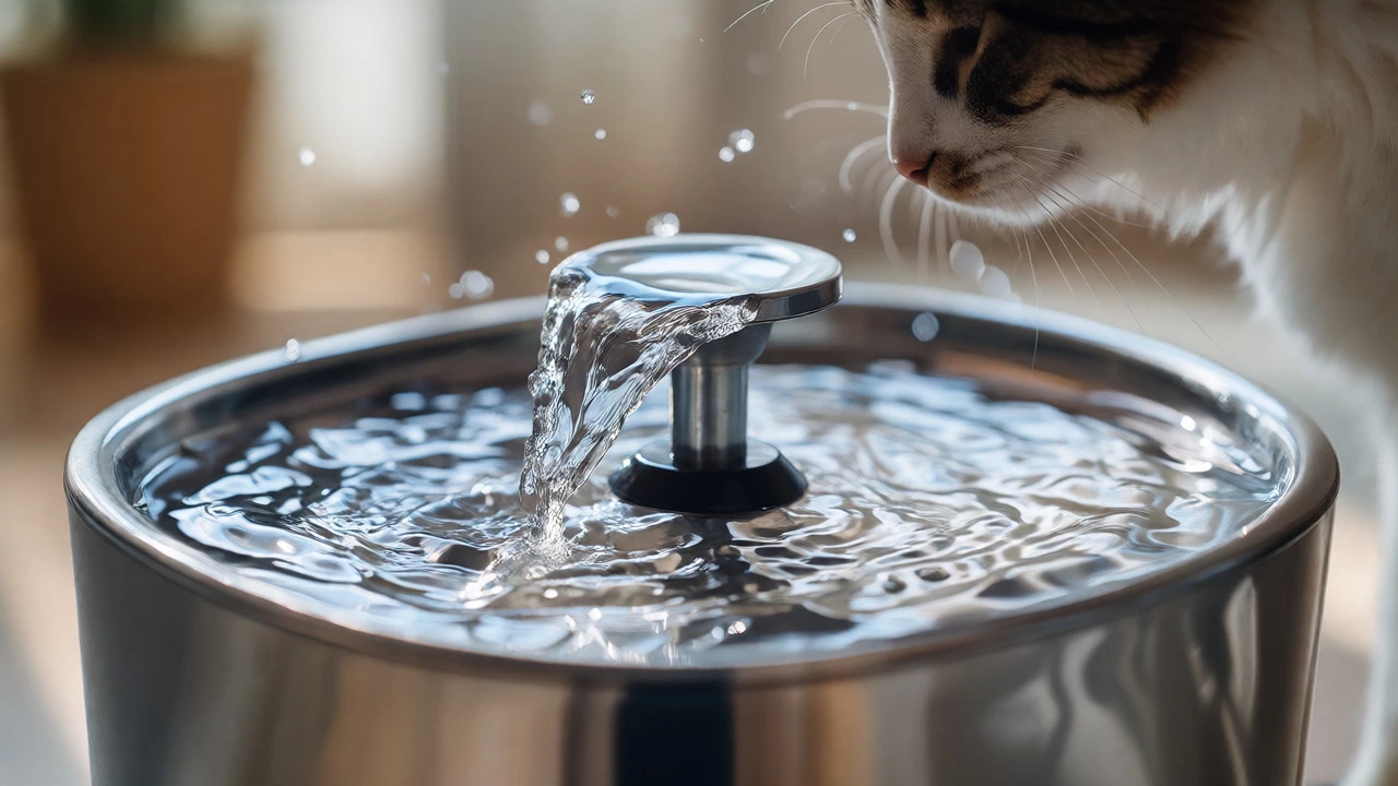 Stainless steel pet water fountain with flowing water attracting a curious cat.