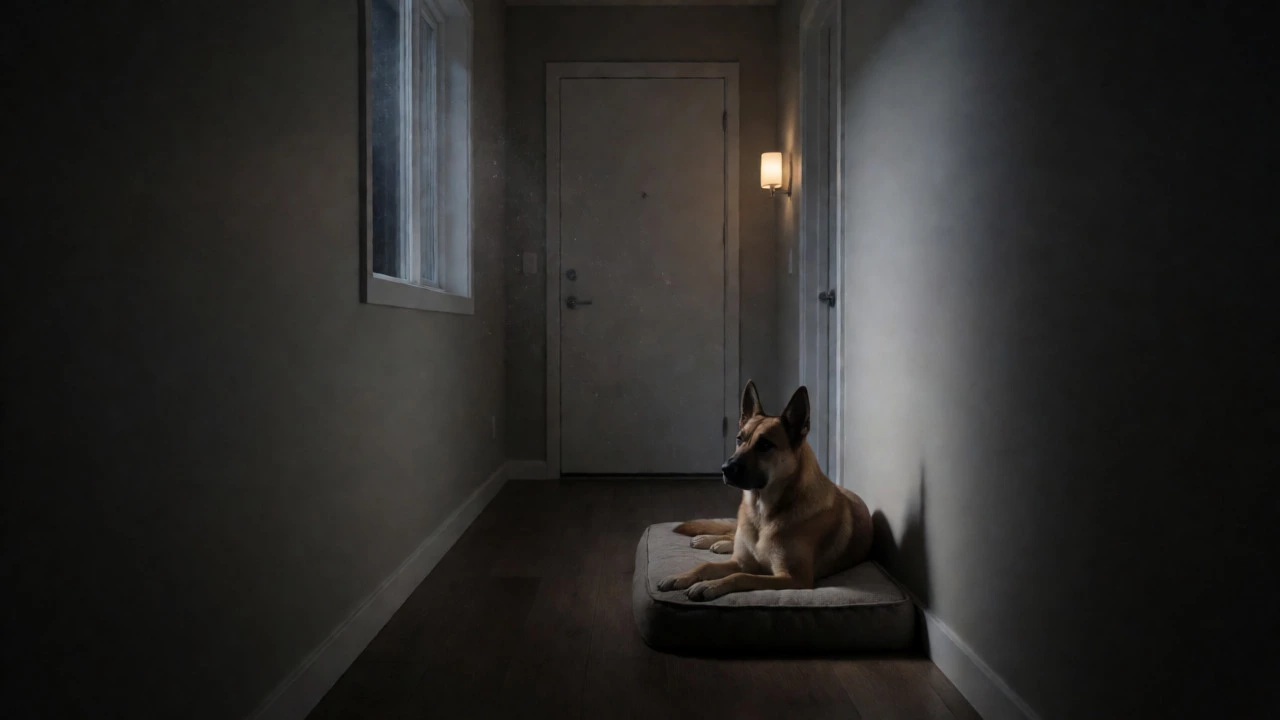 Watchdog guarding a hallway entryway at night