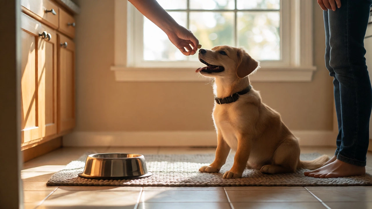 A happy puppy receiving a treat near separated food and water bowls in a bright kitchen.