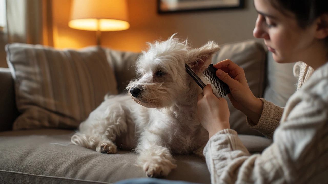 A person carefully uses a dematting tool to brush a matted Maltese dog on a cozy sofa at home.