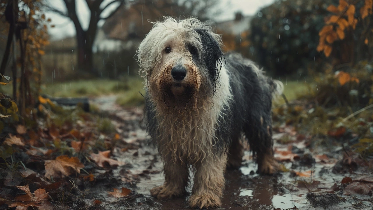 An Old English Sheepdog stands in a muddy garden during rainy autumn weather, its shaggy coat dirty.