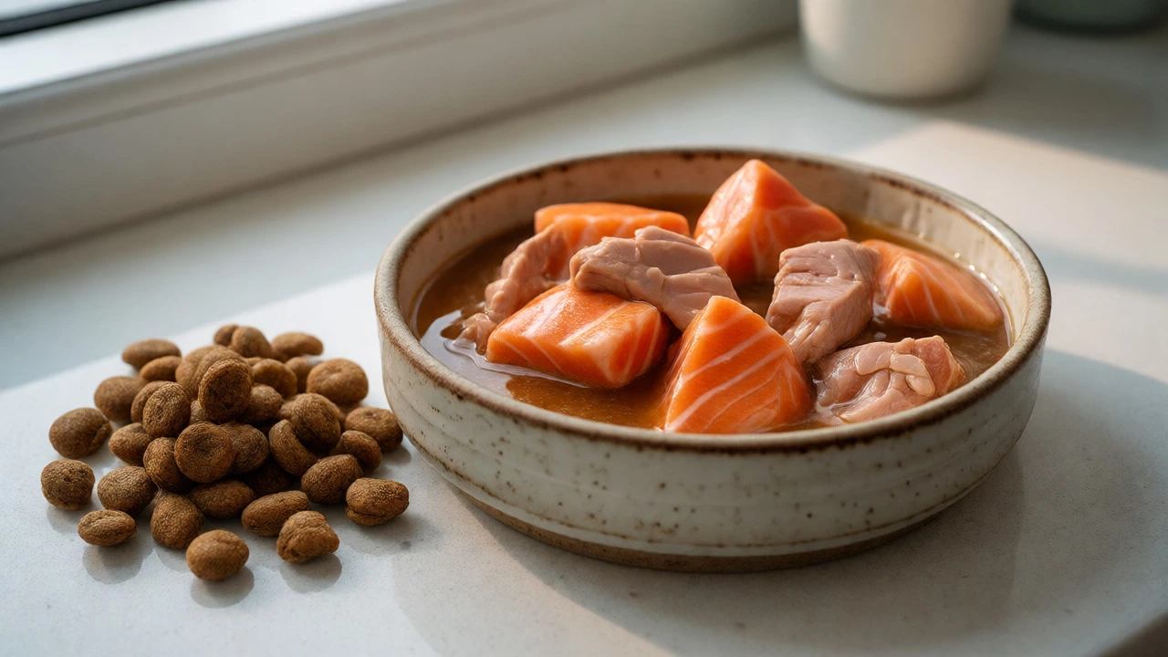 Bowl of wet cat food with meat chunks next to dry kibble