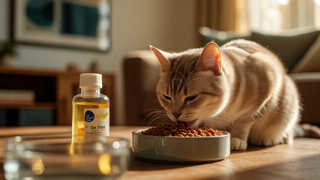 Cat eating mixed diet with fish oil nearby