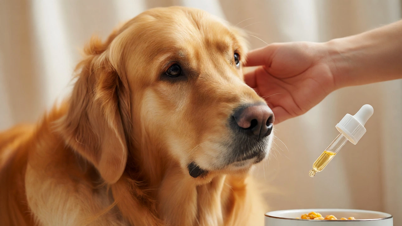 Close-up of a shiny, healthy dog coat with oil dropper nearby