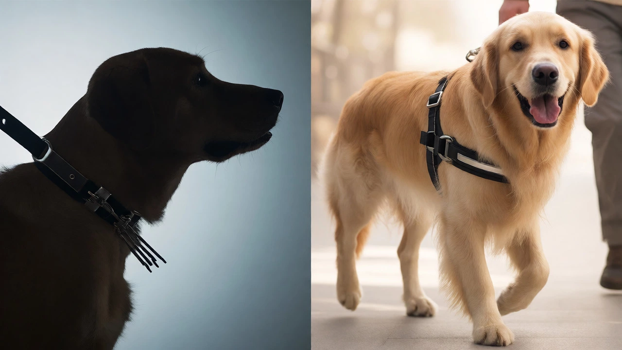 Comparison of anxious dog with prong collar vs happy dog with front-clip harness