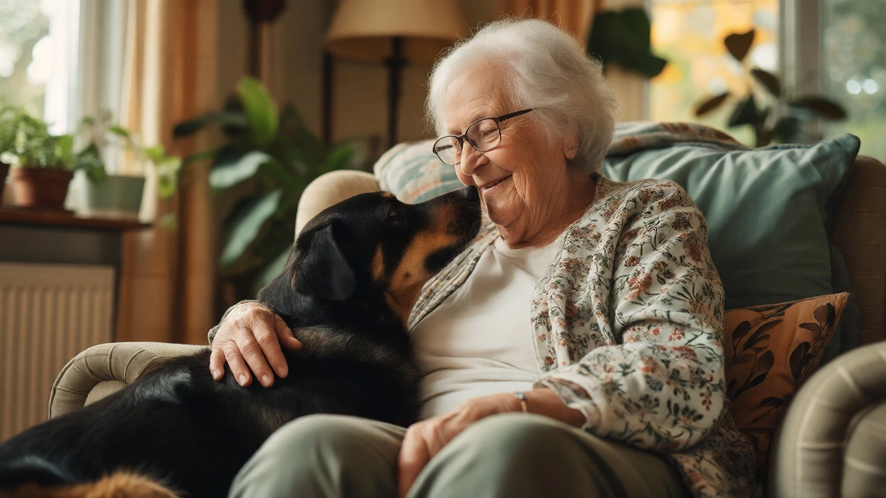 Elderly woman hugging her dog safely in a living room