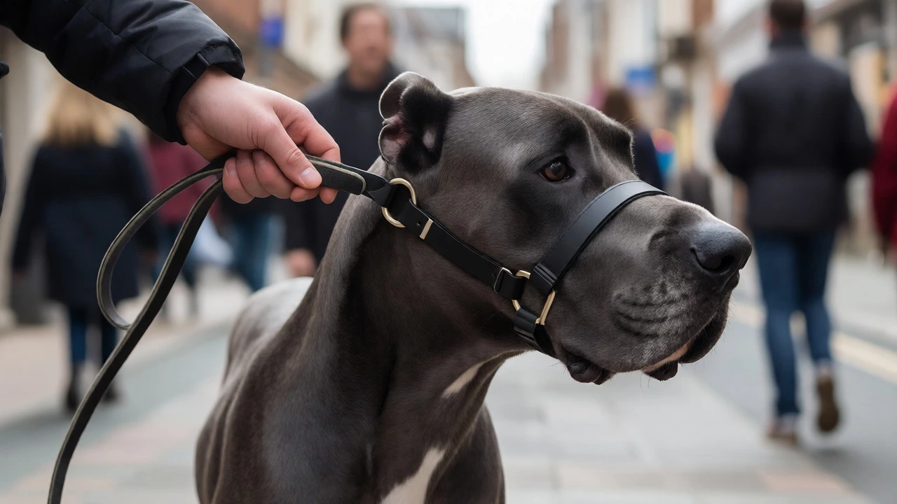Great Dane with a head halter being guided on a walk