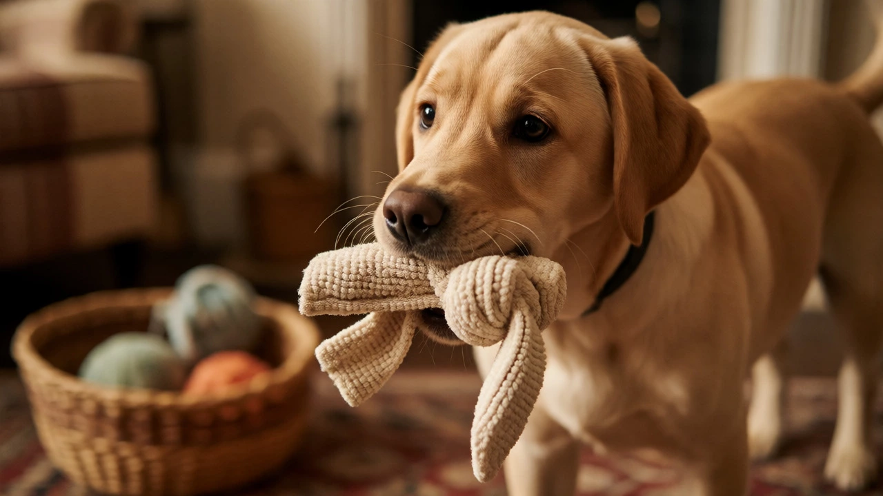 Labrador puppy playing with a knotted washcloth in a cozy home