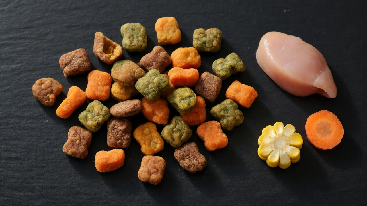 Macro shot of colorful dry dog kibble compared with fresh chicken, carrots, and corn.