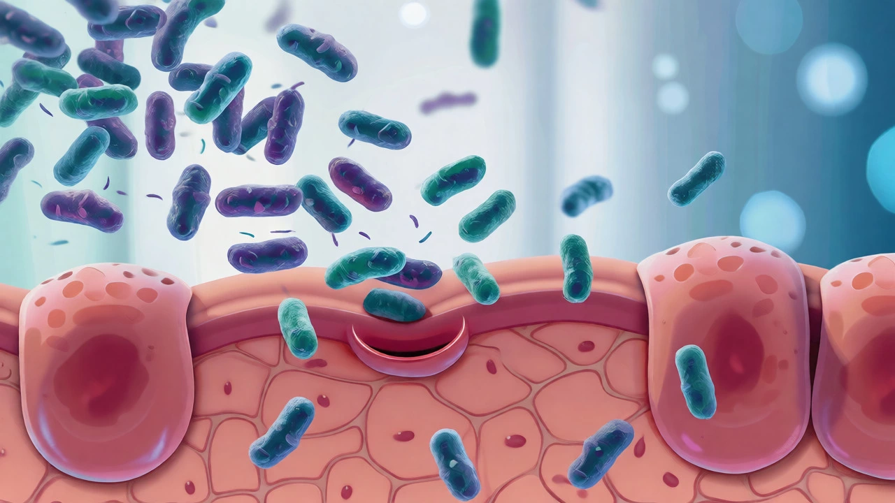 Microscopic illustration of bacteria approaching human skin