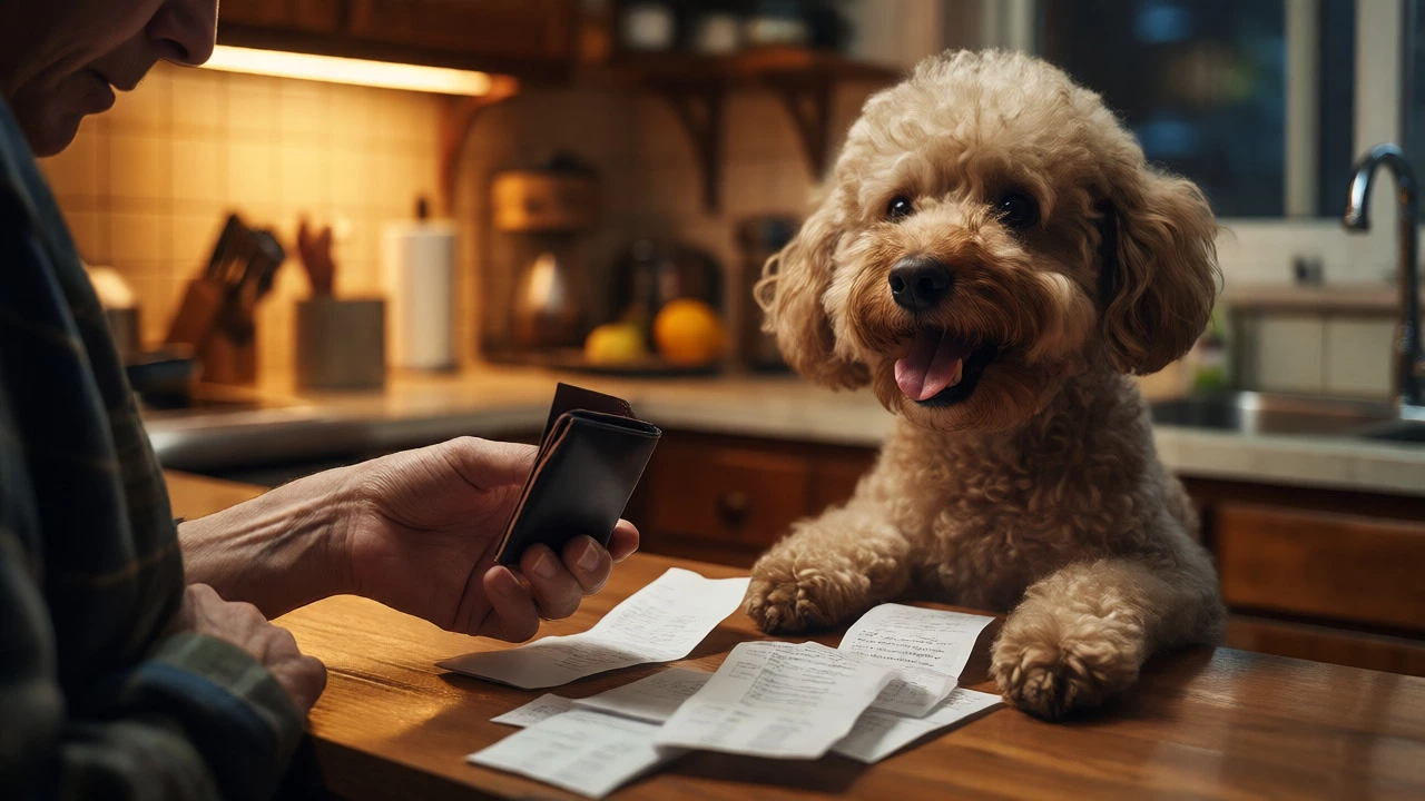 Owner checking wallet near a groomed Poodle in a home setting
