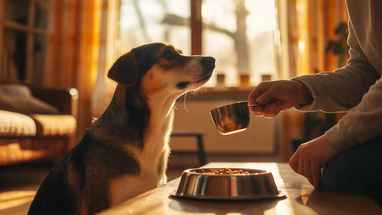 Owner measuring dog food into a bowl while a patient dog watches in a sunlit room.