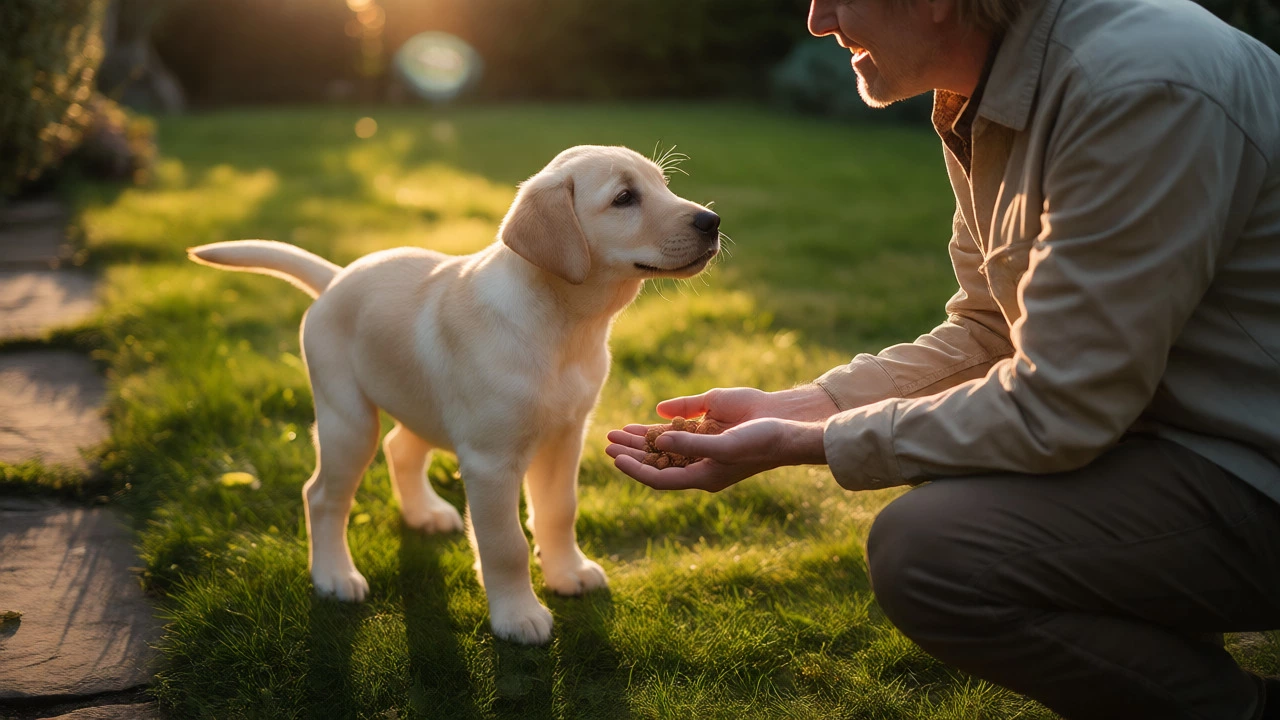 Owner rewarding puppy with treats after peeing in garden