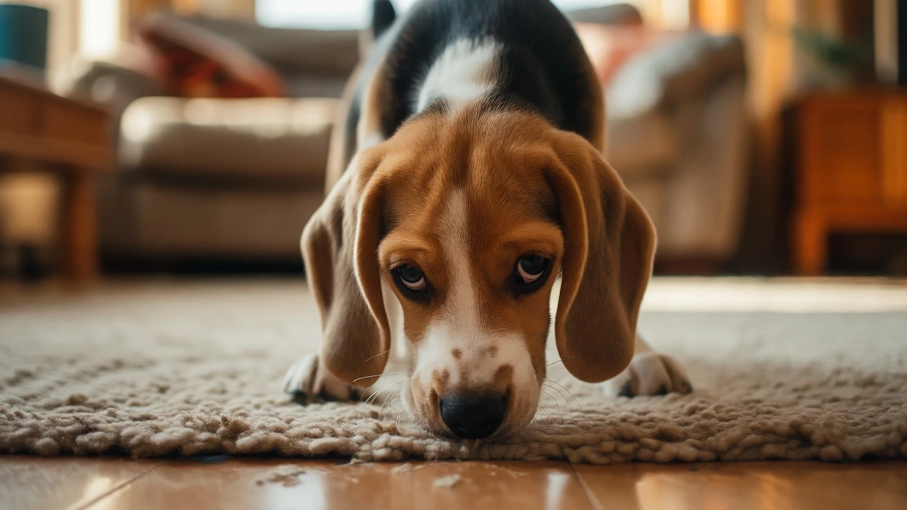 Puppy sniffing carpet intently signaling need to go outside