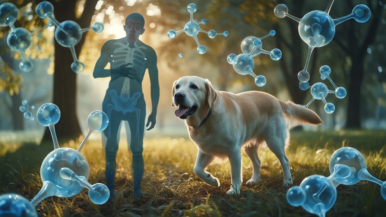 Senior dog walking energetically in a park with molecular graphics