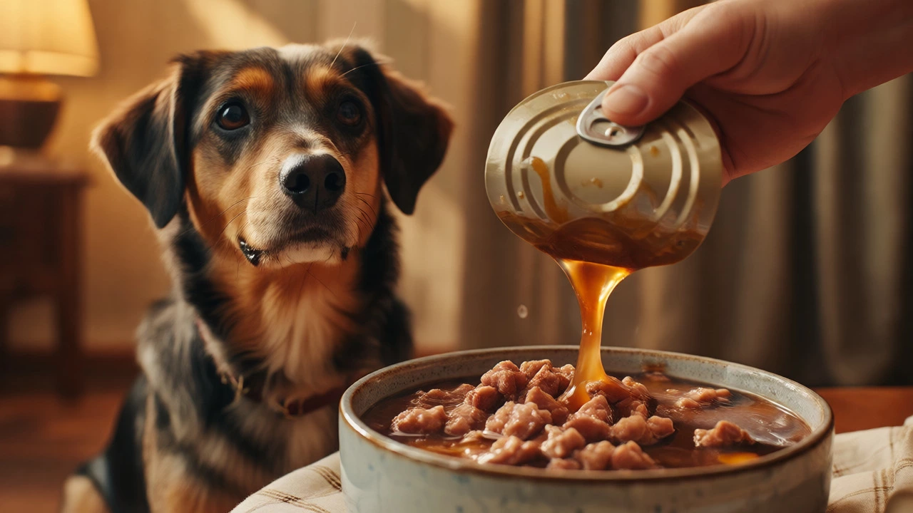Shiny-coated dog waiting for wet food being served from a can into a ceramic bowl
