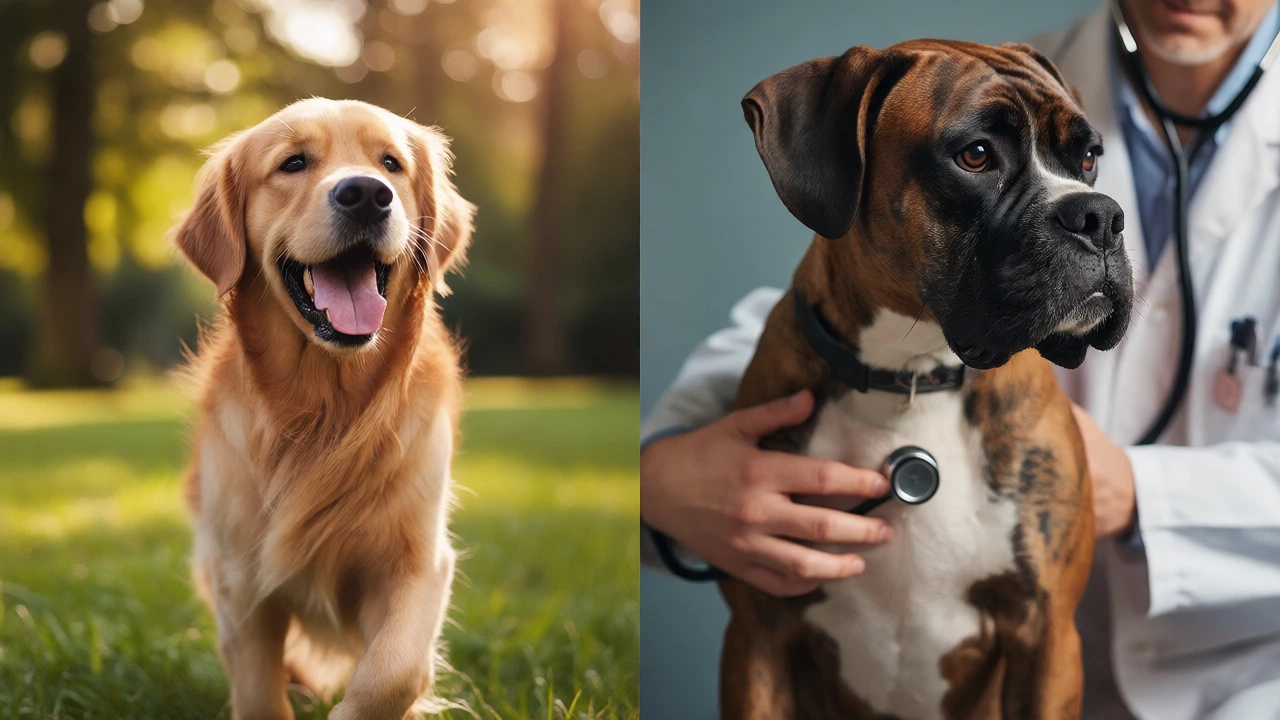 Split image showing a happy dog playing and a vet checking a boxer's heart
