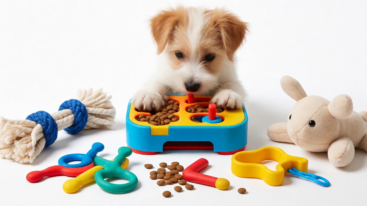 Terrier puppy using an interactive puzzle feeder with other toys nearby
