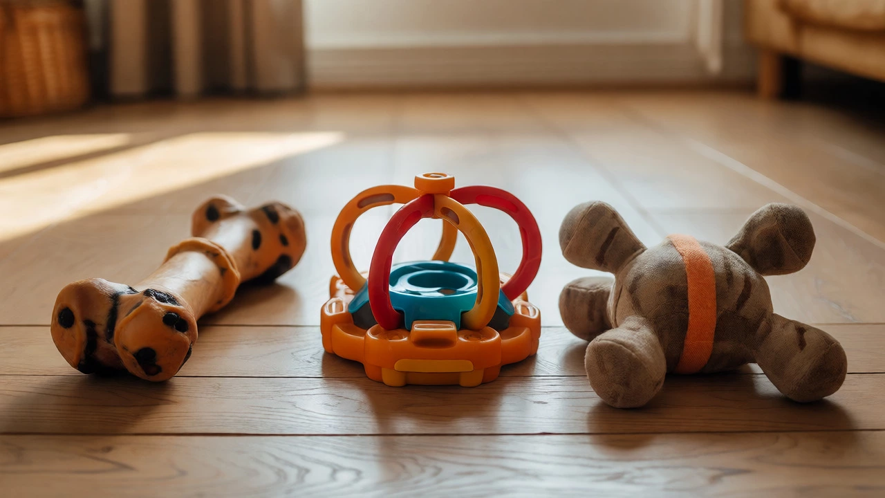 Three essential dog toys—a chew, a puzzle, and a plush—arranged on a wooden floor.